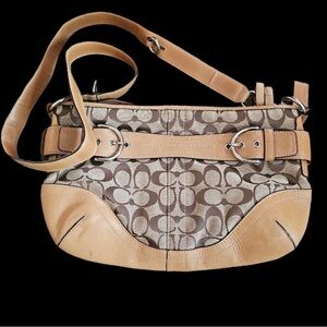COACH Signature C Buckle Crossbody/ Shoulder Bag Tan Brown Canvas Leather